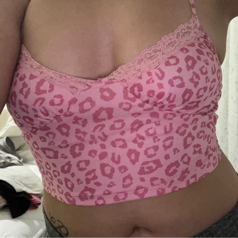 Cropped Lace Pink Leopard Spaghetti Strap Shirt.